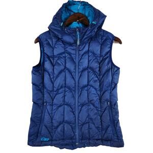 Outdoor Research Womens SZ SM Aria Hoody Vest Puffer 650-Fill Goose Down Blue